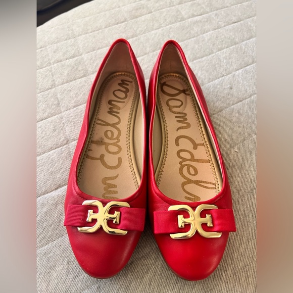 SAM EDELMAN Sz 9.6 Mage Bow Red Leather Ballet Flats Excellent Condition - Picture 1 of 8